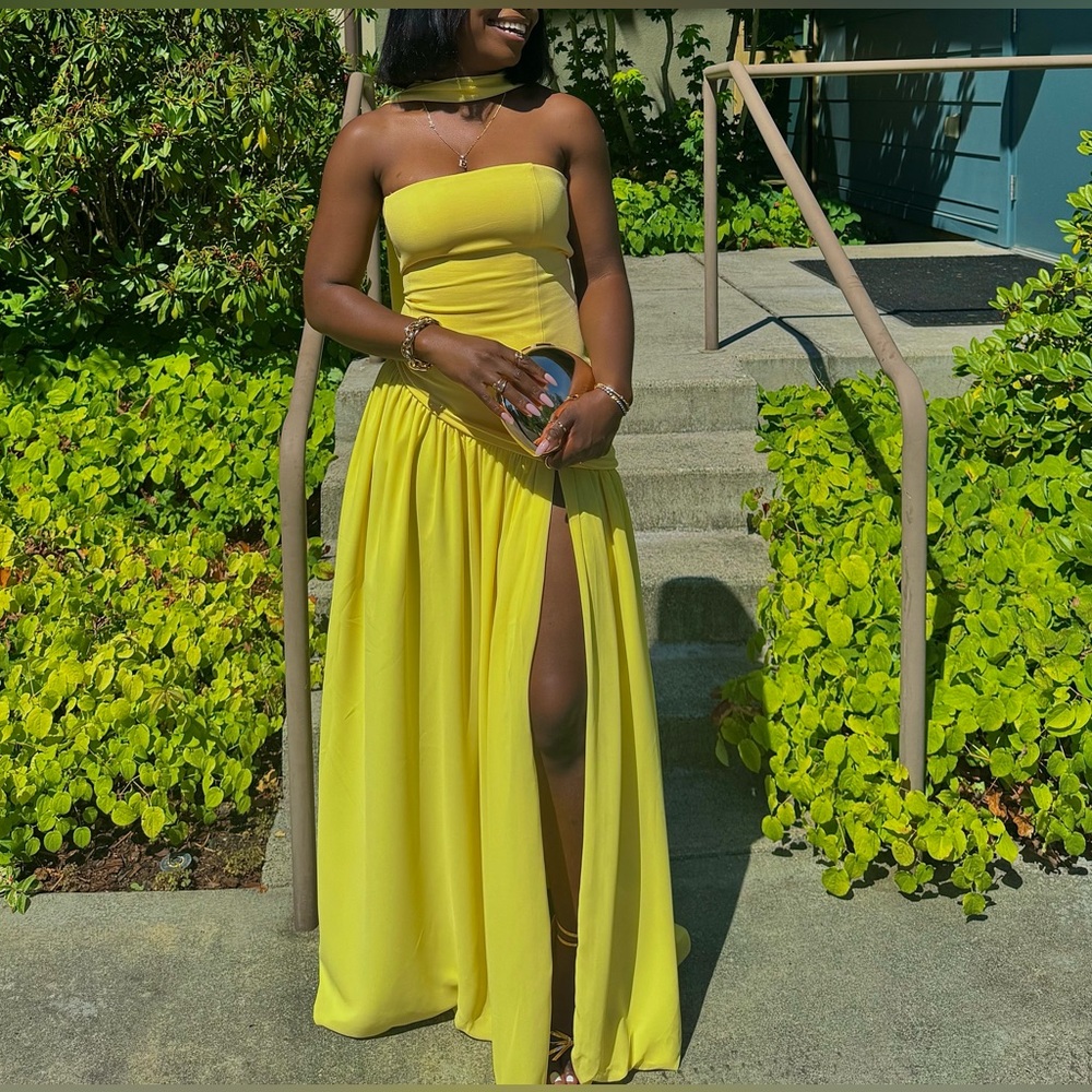 Strapless butter yellow dress w/ side slit